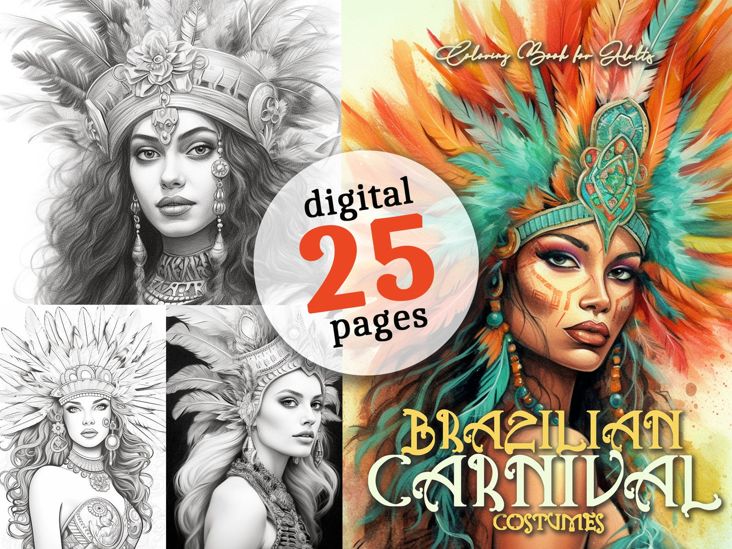 Brazilian Carnival Coloring Book Grayscale (Digital) - Monsoon Publishing USA