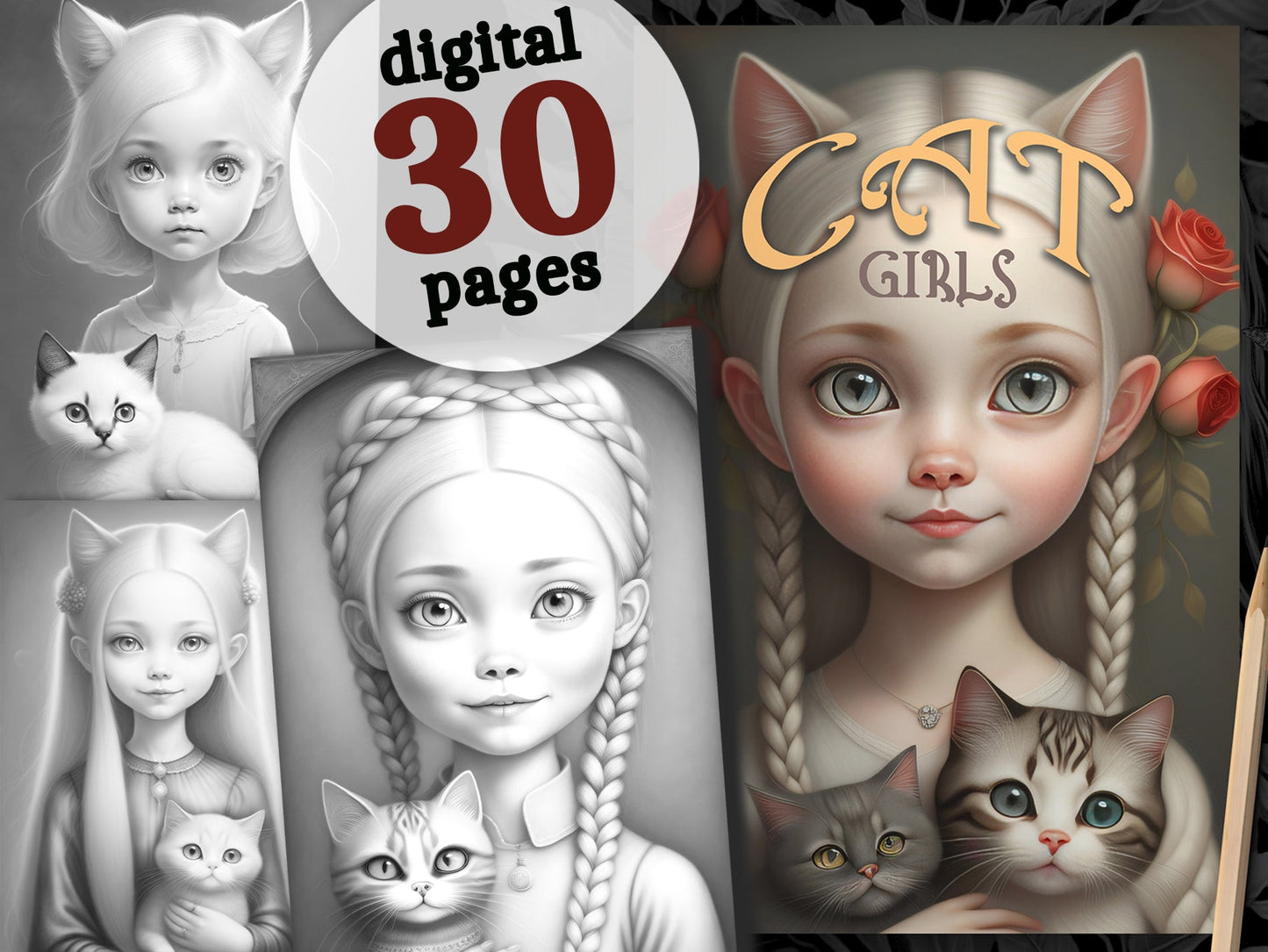 Catgirls Cats Coloring Book Grayscale (Digital) - Monsoon Publishing USA
