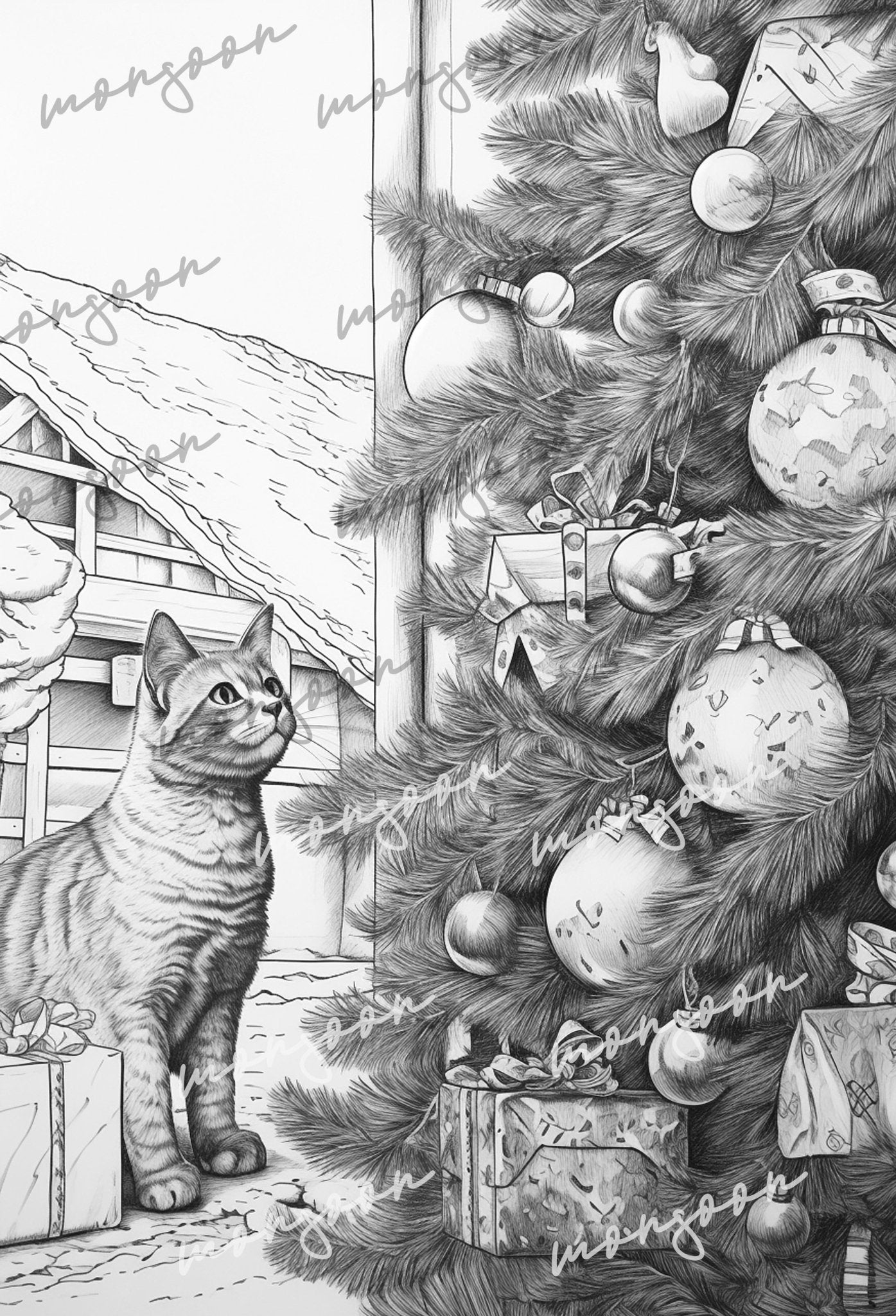 Cats in Christmas Trees Coloring Book Grayscale (Digital) - Monsoon Publishing USA