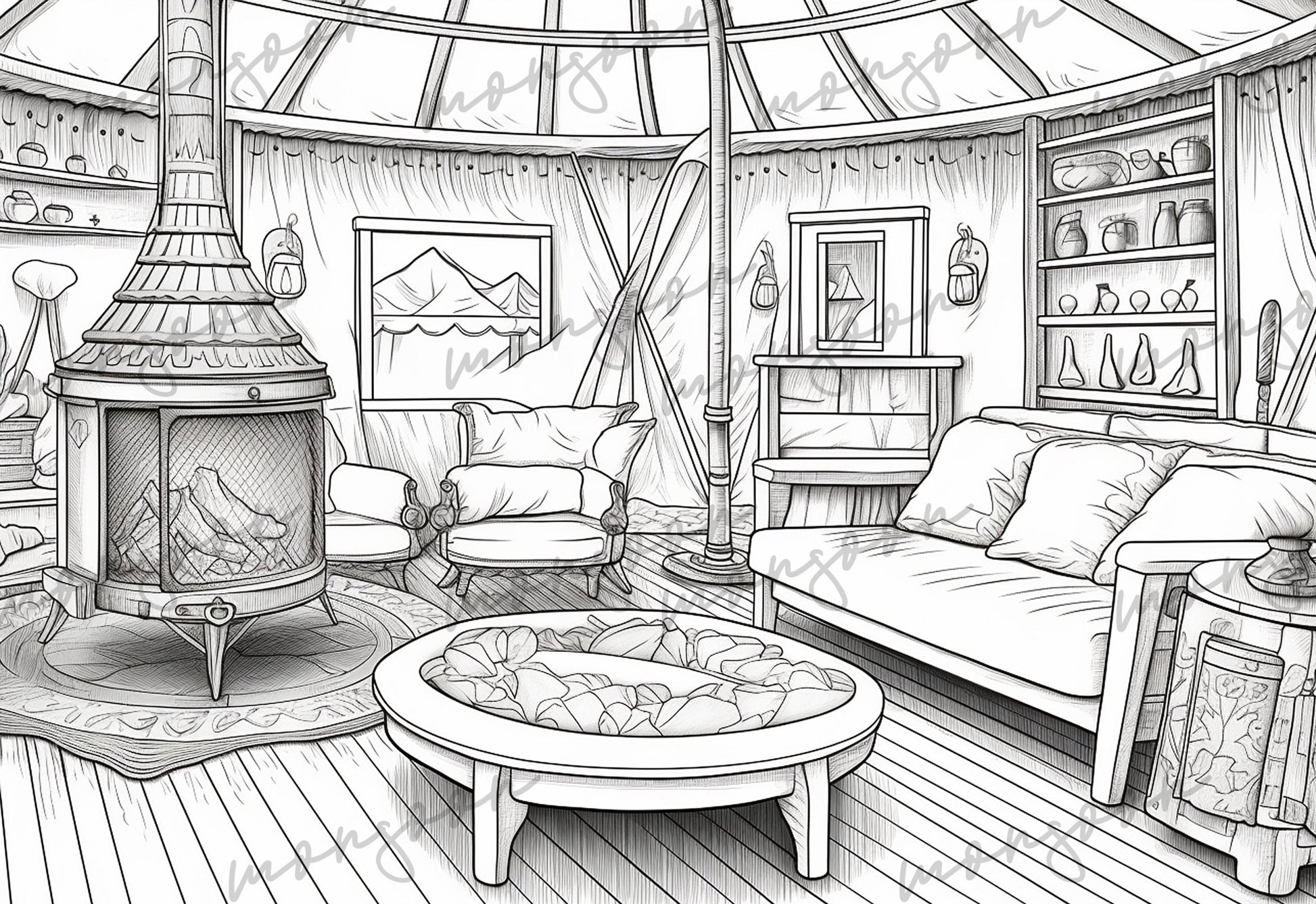 Cozy Yurt Coloring Book Grayscale (Printbook) - Monsoon Publishing USA