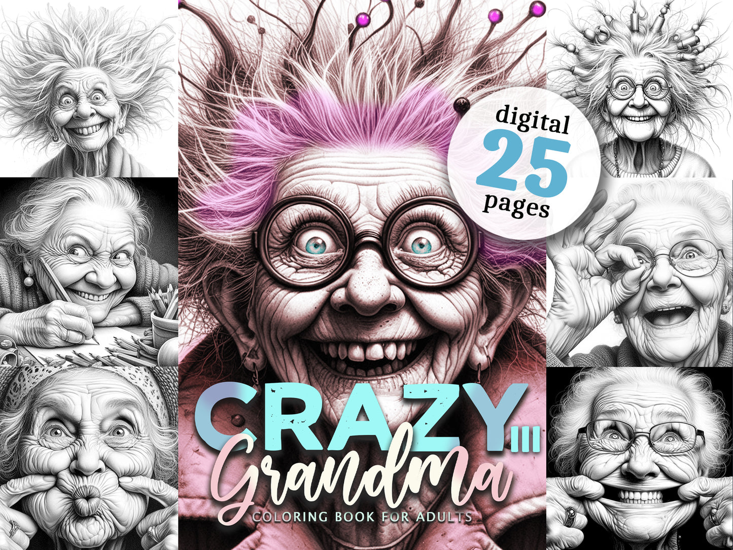สมุดระบายสี Crazy Grandma Greyscale (สมุดพิมพ์)