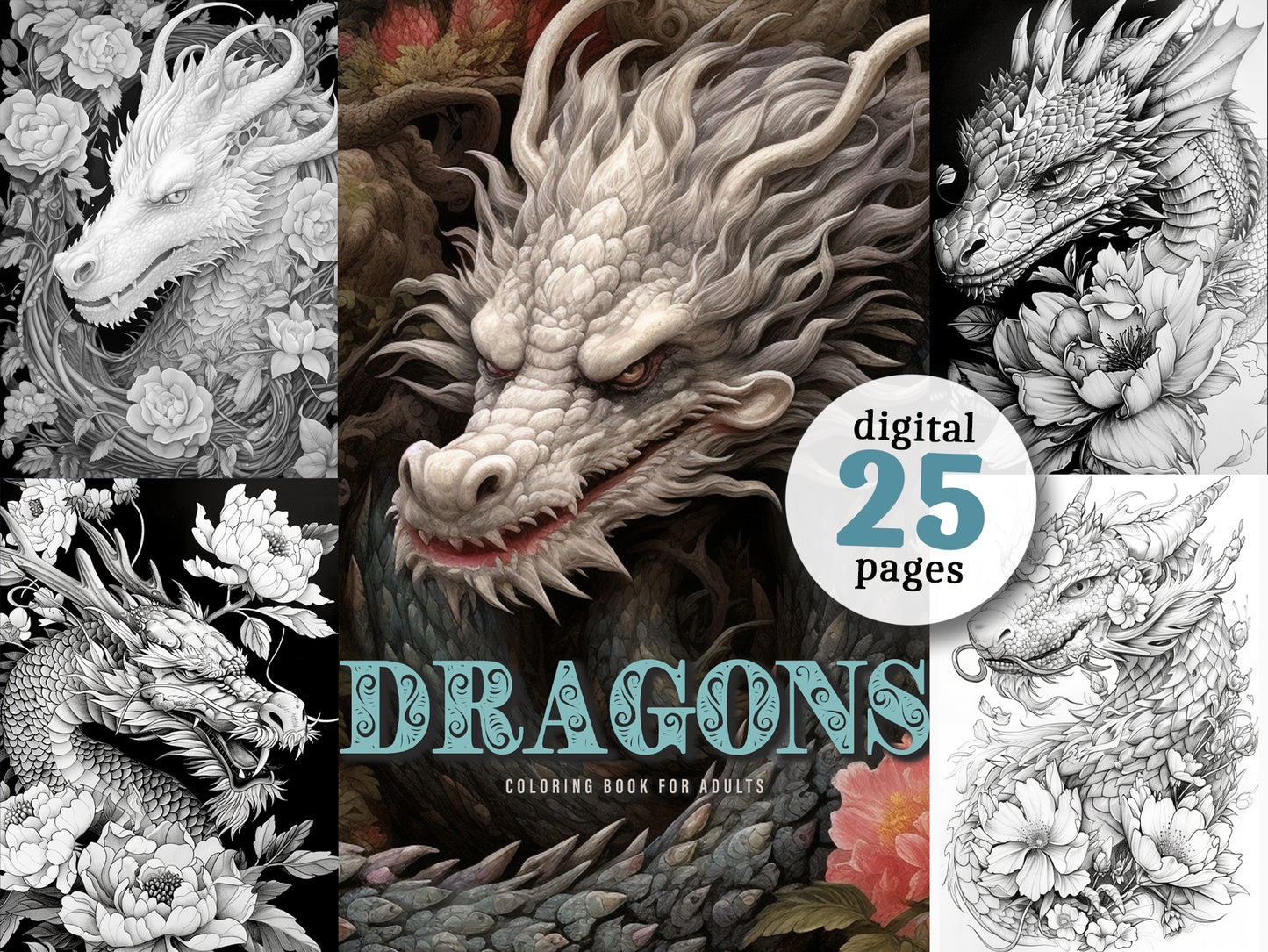 Dragons Coloring Book Grayscale (Digital)