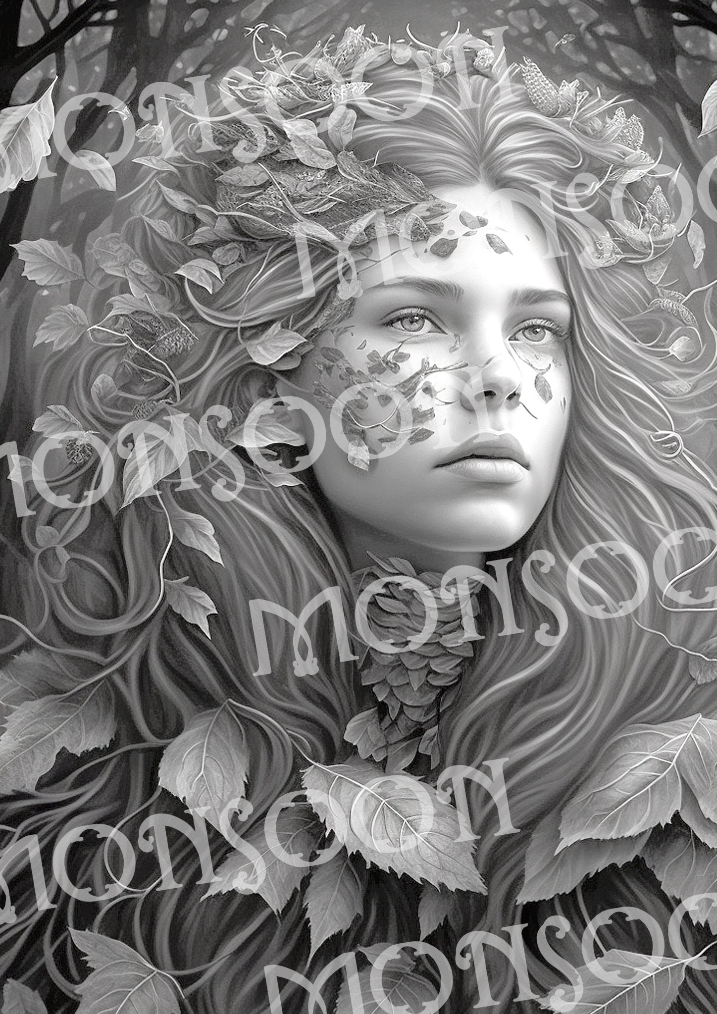 Forest Goddess Coloring Book Grayscale (Printbook) - Monsoon Publishing USA