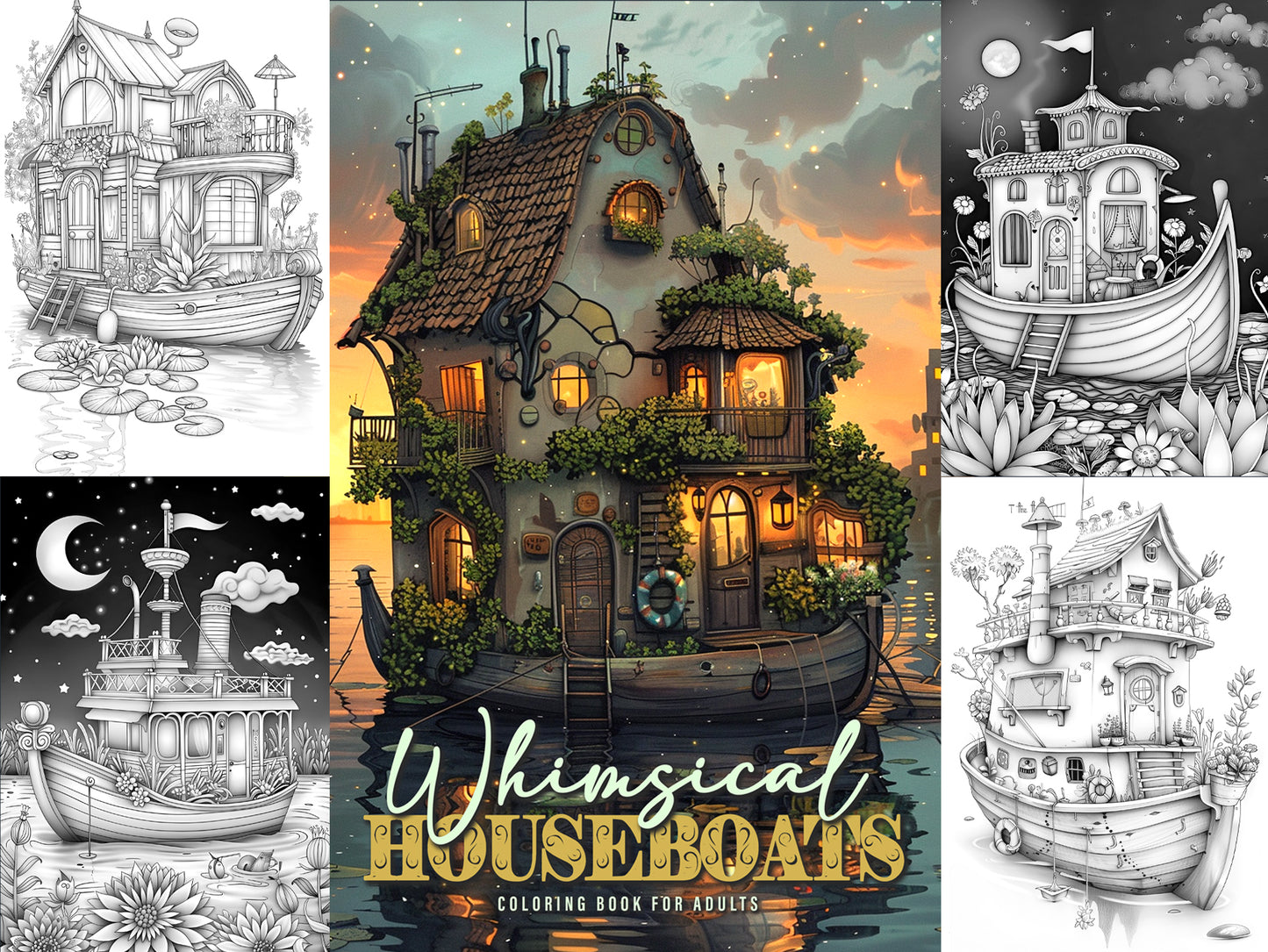 Whimsical Houseboats Coloring Book (Printbook)