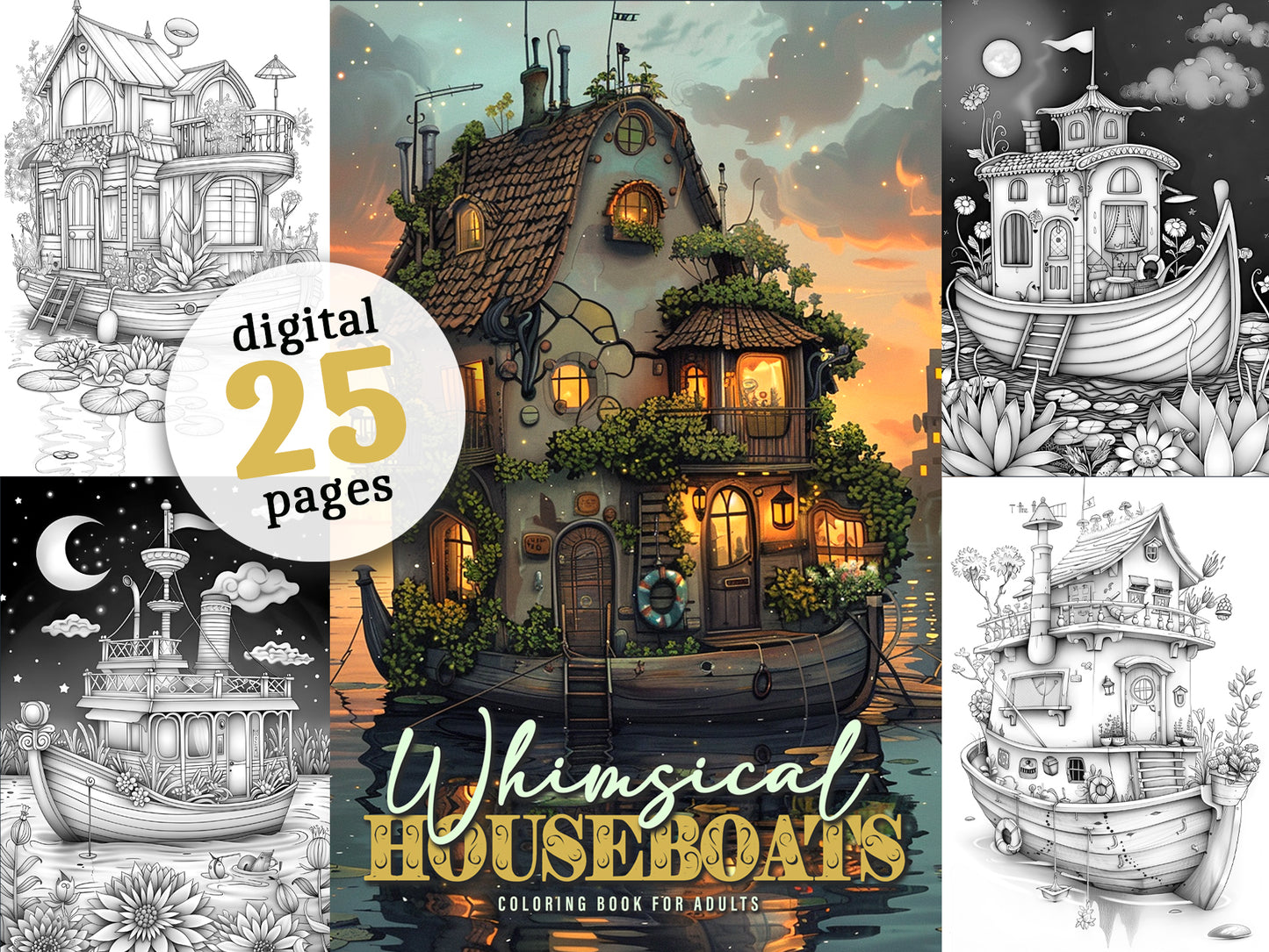 Whimsical Houseboats Coloring Book (Digital)
