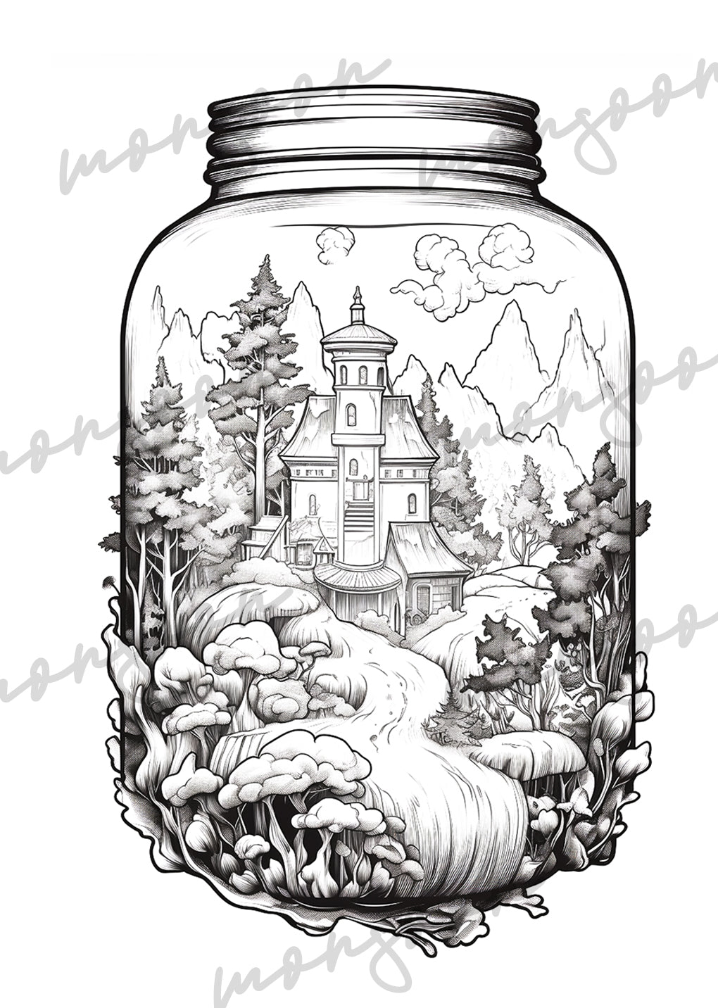 Jars in Wonderland Coloring Book Grayscale (Digital) - Monsoon Publishing USA