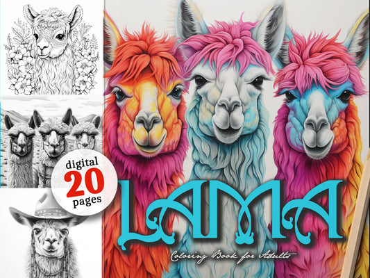 Lama Coloring Book Grayscale (Digital)