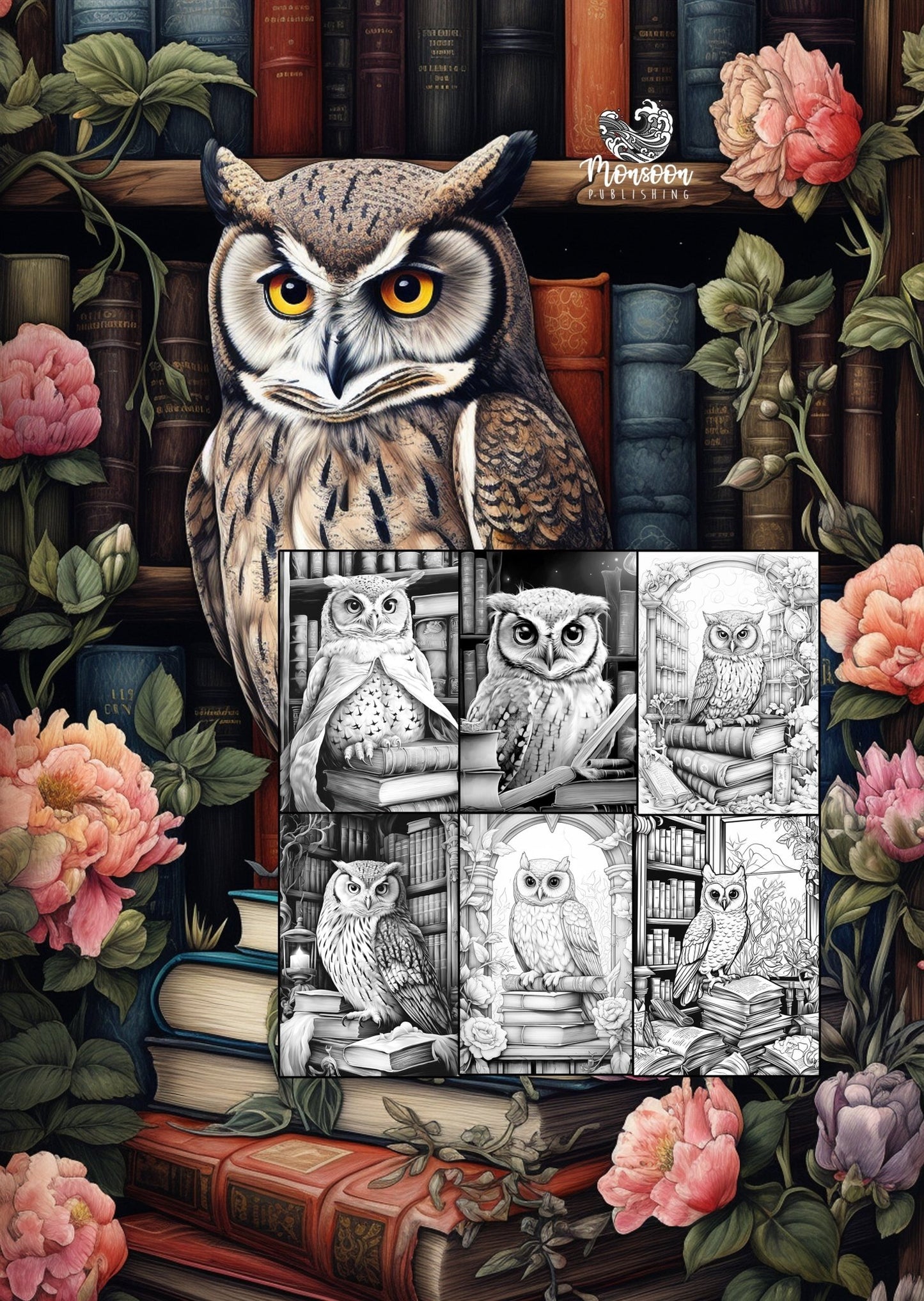 Library Owls Coloring Book Grayscale (Digital) - Monsoon Publishing USA