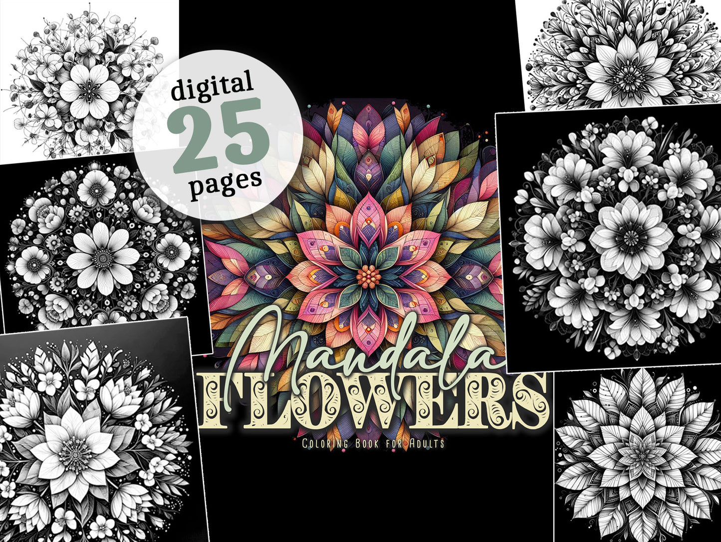 3D Mandala Flowers Coloring Book (Digital)