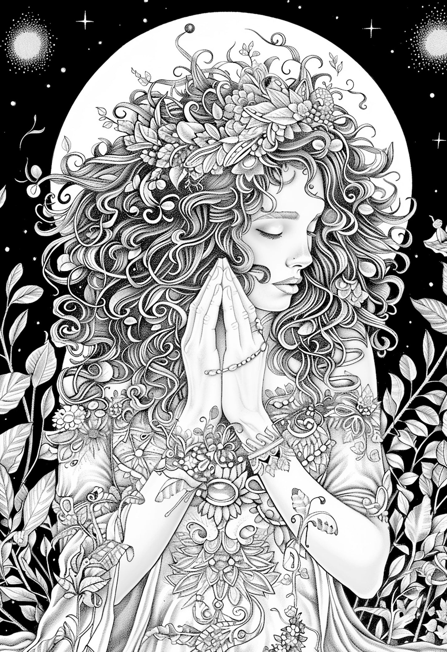 Moon Maiden Coloring Book Grayscale (Digital)