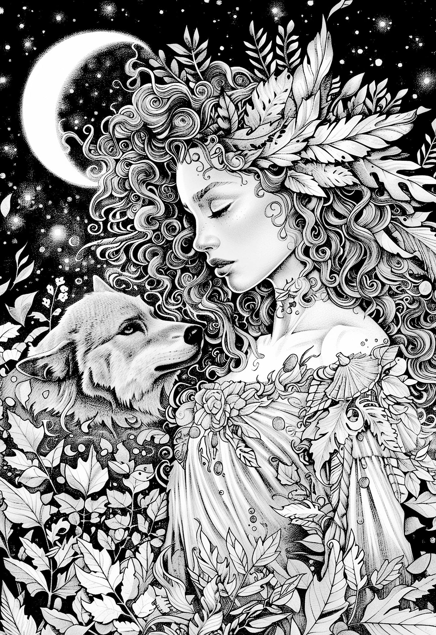Moon Maiden Coloring Book Grayscale (Digital)