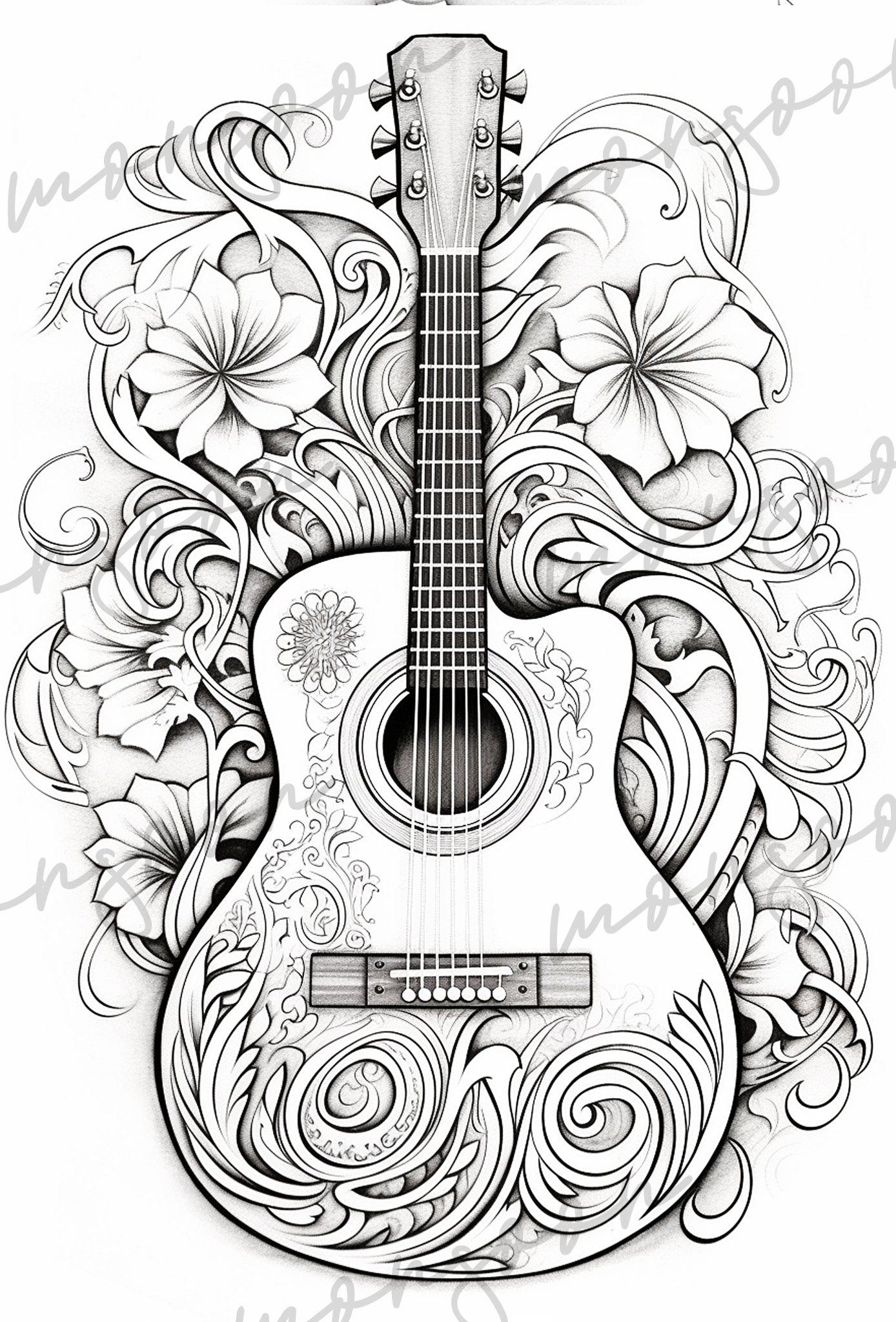 Ornamental Guitars Coloring Book Grayscale (Digital) - Monsoon Publishing USA