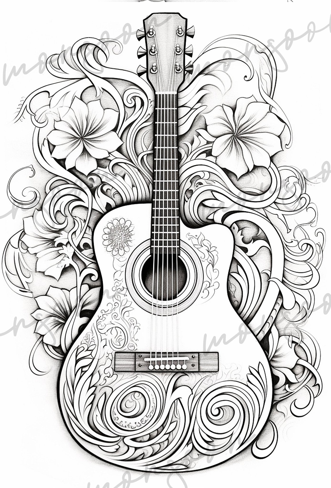 Ornamental Guitars Coloring Book Grayscale (Printbook) - Monsoon Publishing USA