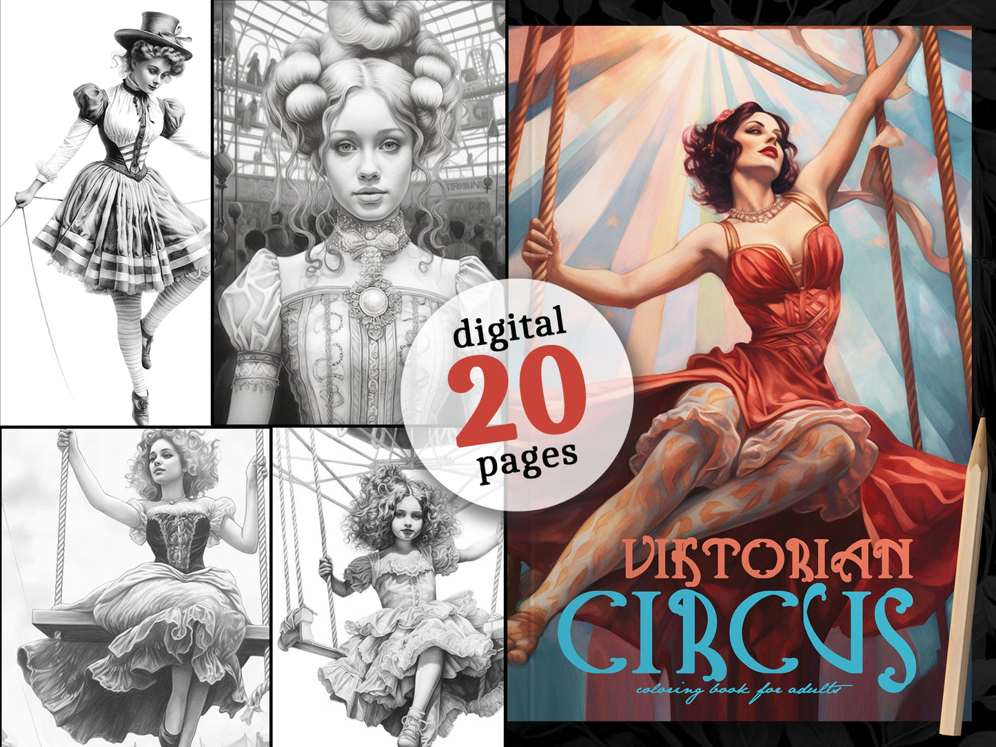 Victorian Circus Coloring Book Grayscale (Digital) - Monsoon Publishing USA